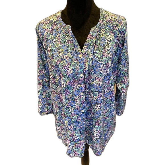 St John’s Bay Top Blue Floral Blouse XL Boho Peasant V Neck Flowy Casual Comfy - Picture 1 of 10